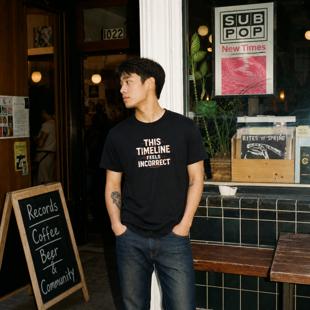 Mayhem Haus This Timeline Feels Incorrect T-Shirt on a person outside a coffee shop