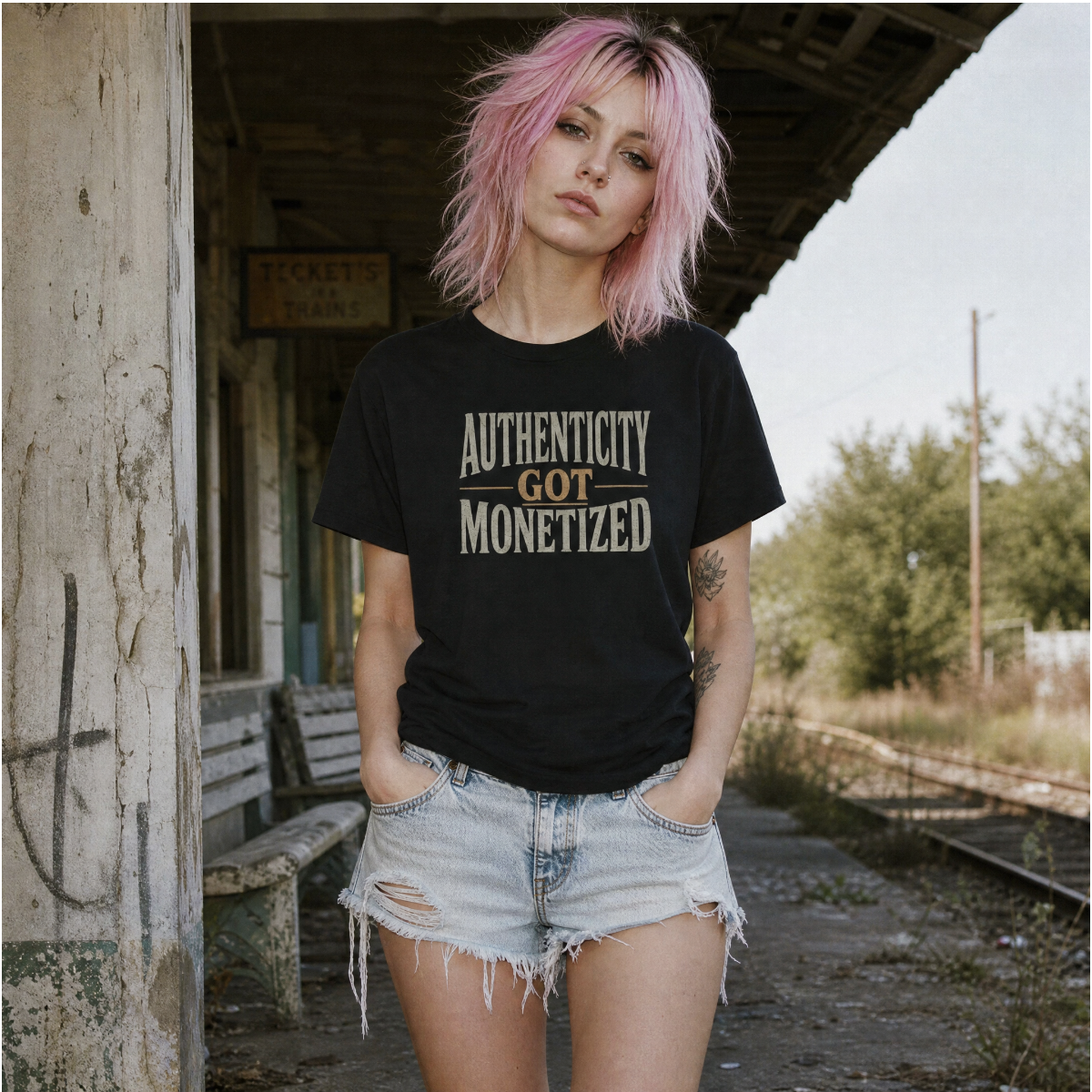 Mayhem Haus Authenticity Got Monetized T-Shirt in black on a person with pink hair