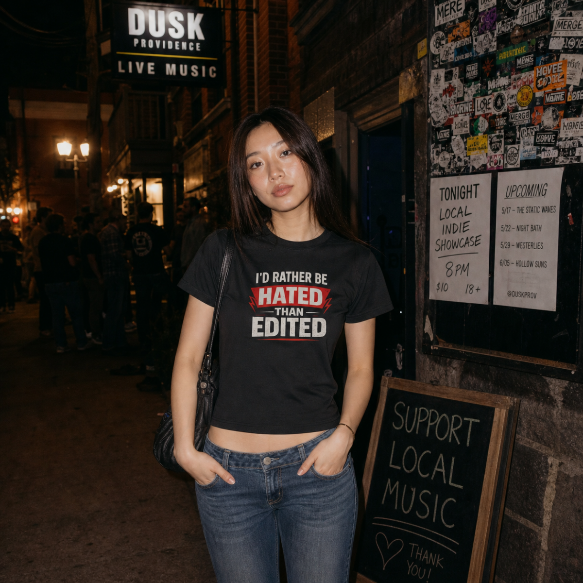 Mayhem Haus I'd Rather Be Hated Than Edited T-Shirt on a model outside a music venue