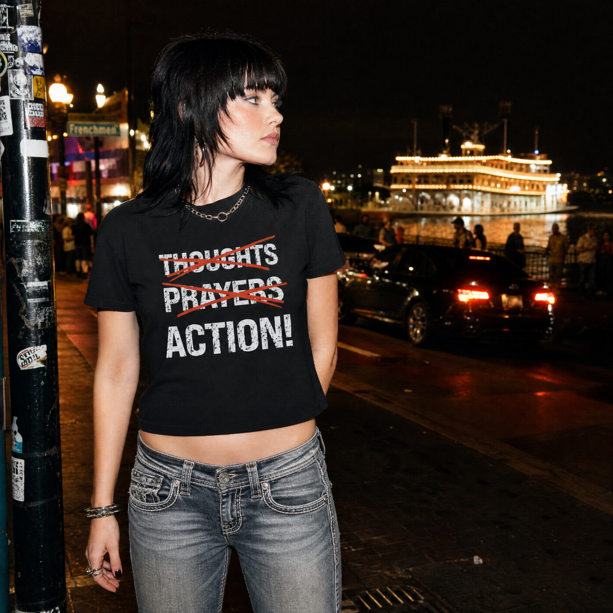 Mayhem Haus Thoughts Prayers Action T-Shirt on a person at night