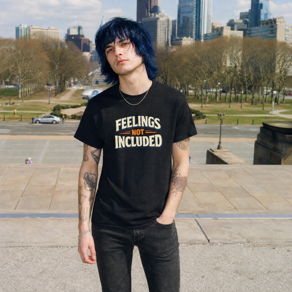 Mayhem Haus Feelings Not Included T-Shirt in black on a person with blue hair