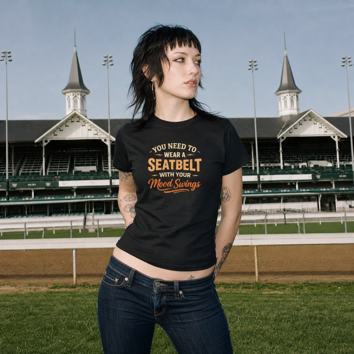 Mayhem Haus You Need to Wear a Seatbelt with Your Mood Swings T-Shirt on a person