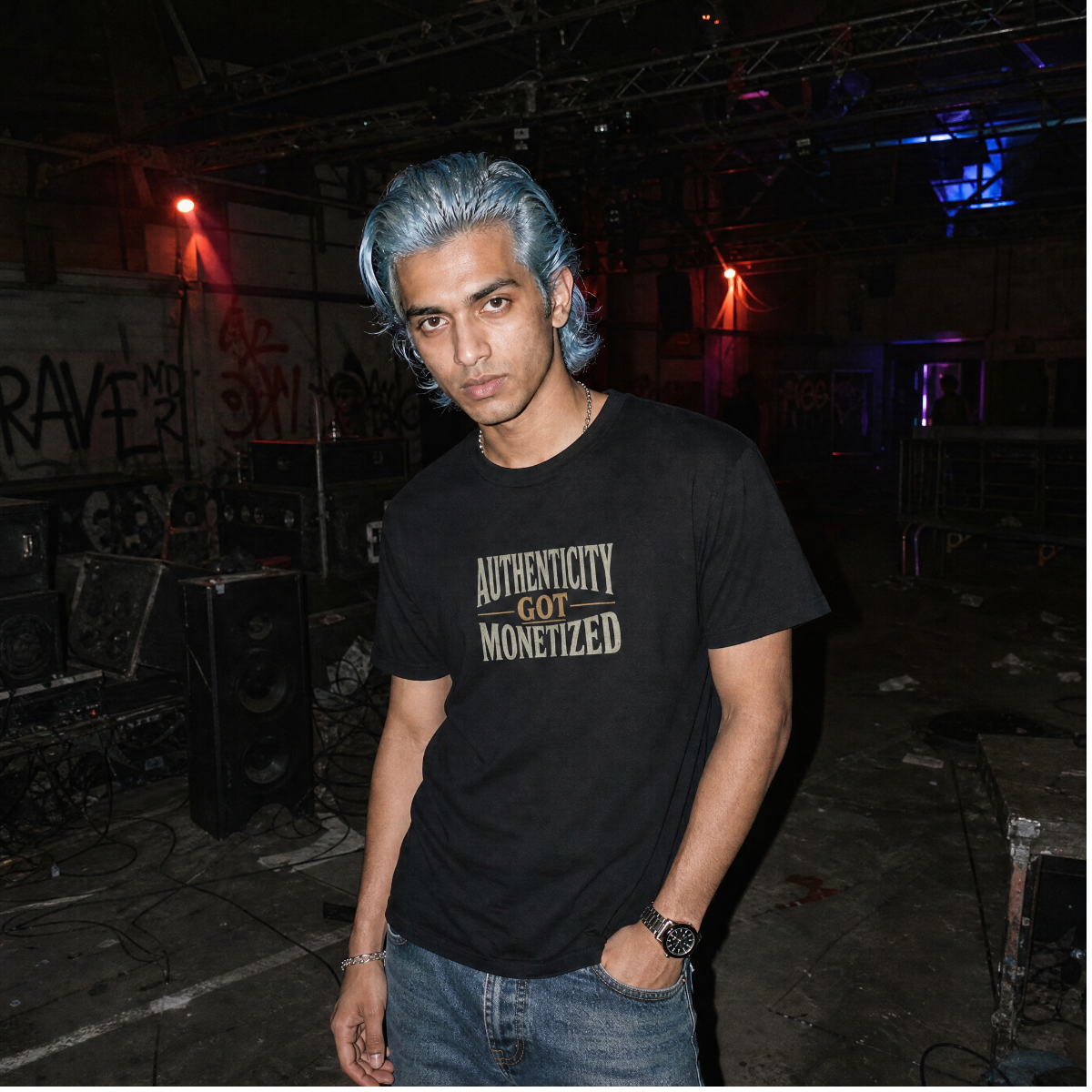Mayhem Haus Authenticity Got Monetized T-Shirt in black on a model with blue hair