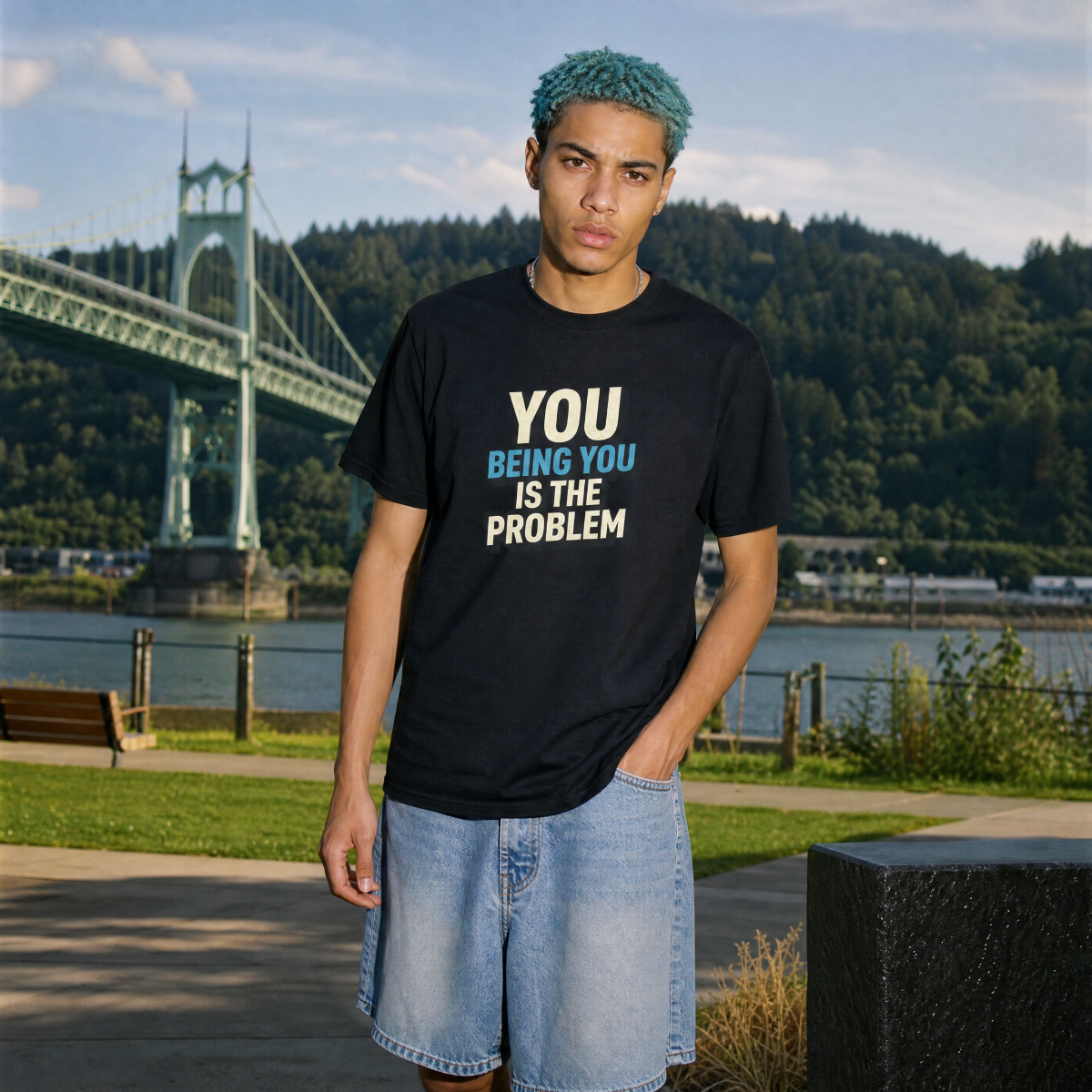 Mayhem Haus You Being You Is The Problem T-Shirt worn by a person with blue hair