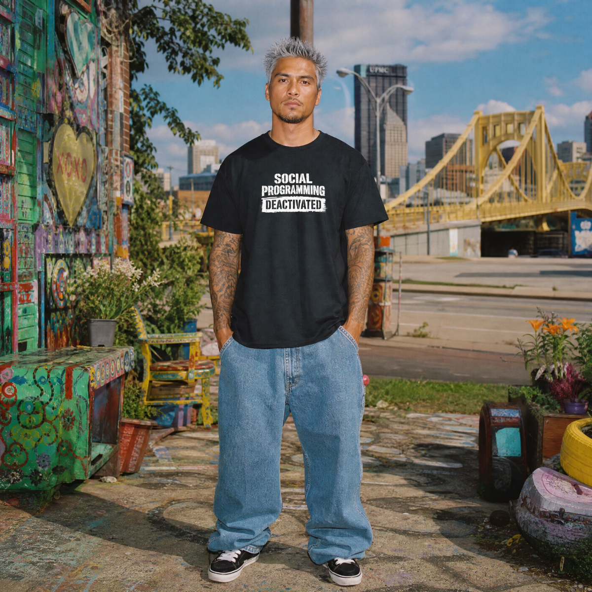 Mayhem Haus Social Programming Deactivated T-Shirt on a person with a city background