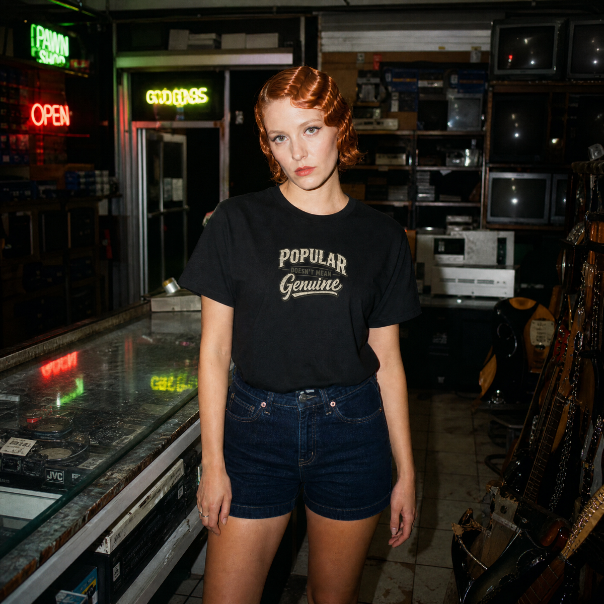 Mayhem Haus Popular Doesn't Mean Genuine T-Shirt on a person with red hair in a pawn shop
