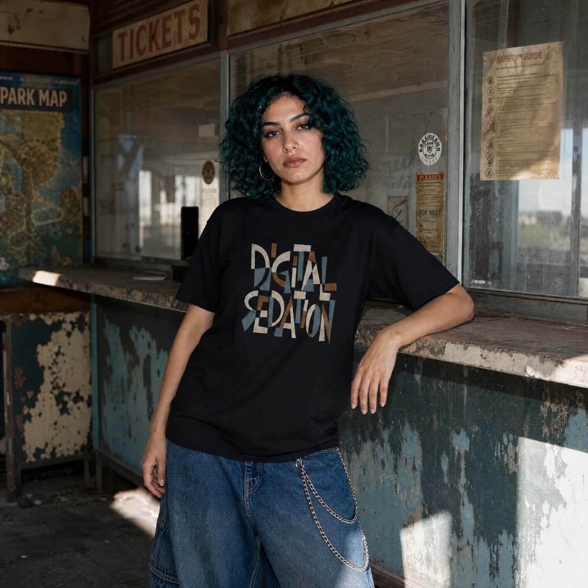 Mayhem Haus Digital Sedation T-Shirt on a model with teal hair leaning on a counter