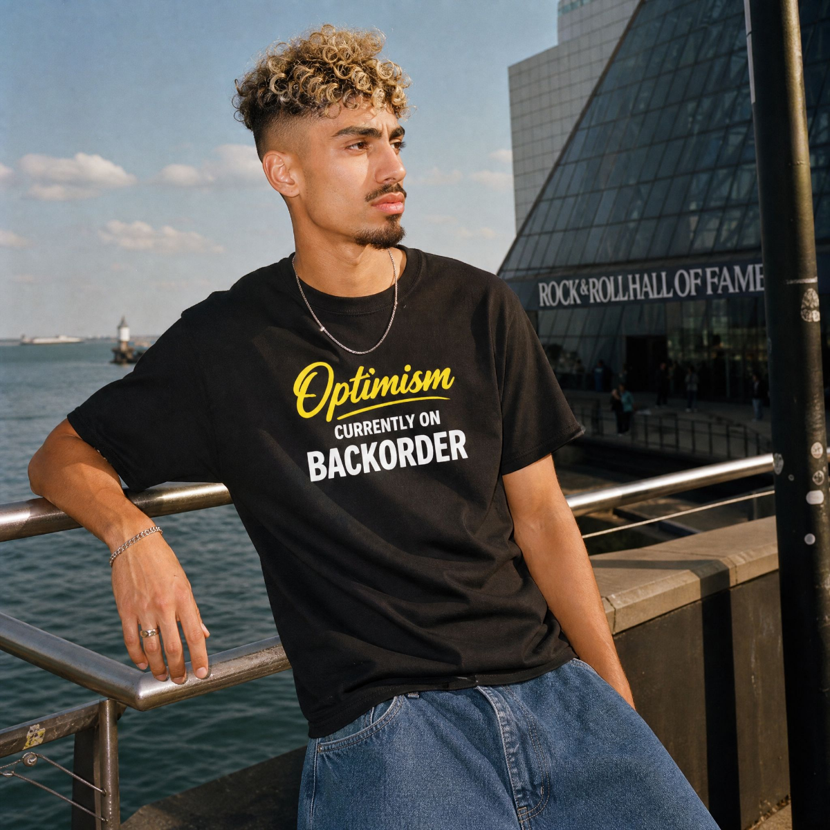 Mayhem Haus Optimism Currently On Backorder T-Shirt worn by a man by the Rock & Roll Hall of Fame