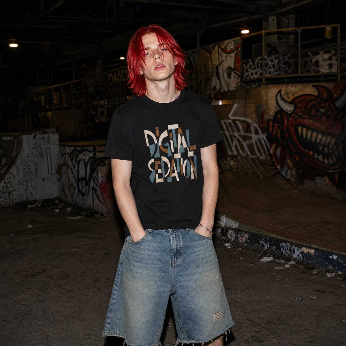 Mayhem Haus Digital Sedation T-Shirt on a person with red hair, standing in a graffiti-covered skate park