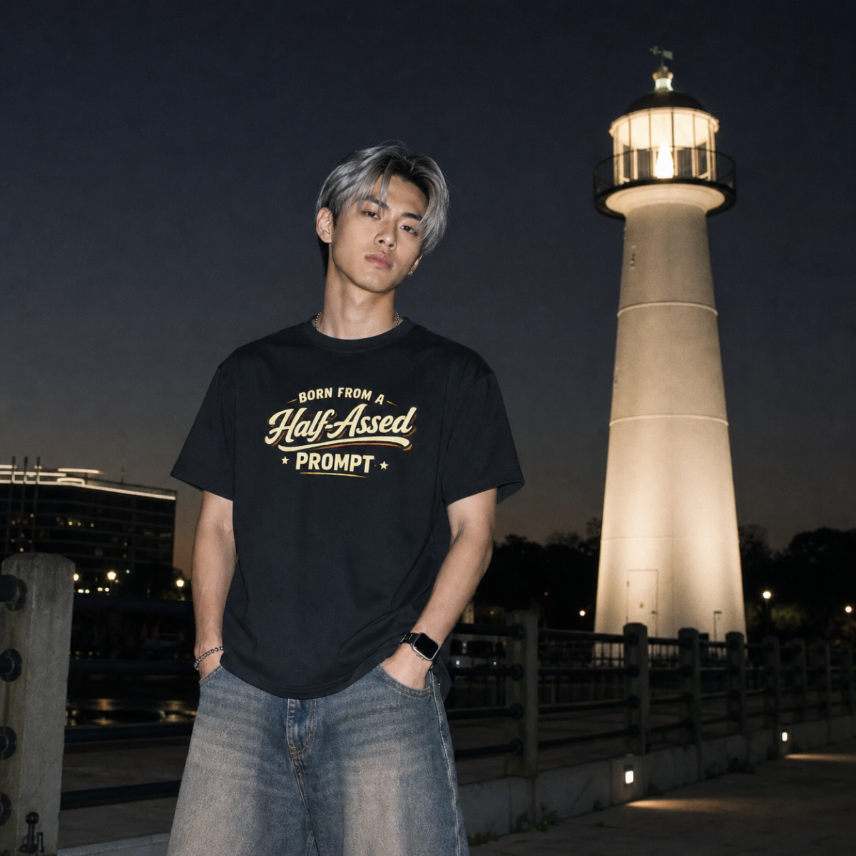 Mayhem Haus Born From A Half-Assed Prompt T-Shirt on a model at night with a lighthouse