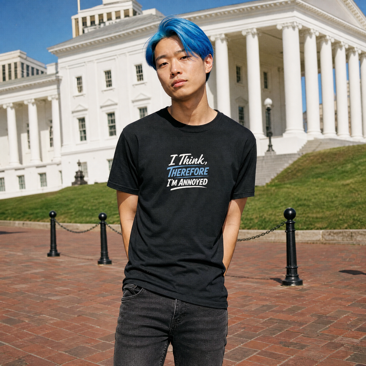 Mayhem Haus I Think, Therefore I’m Annoyed T-Shirt on a person with blue hair