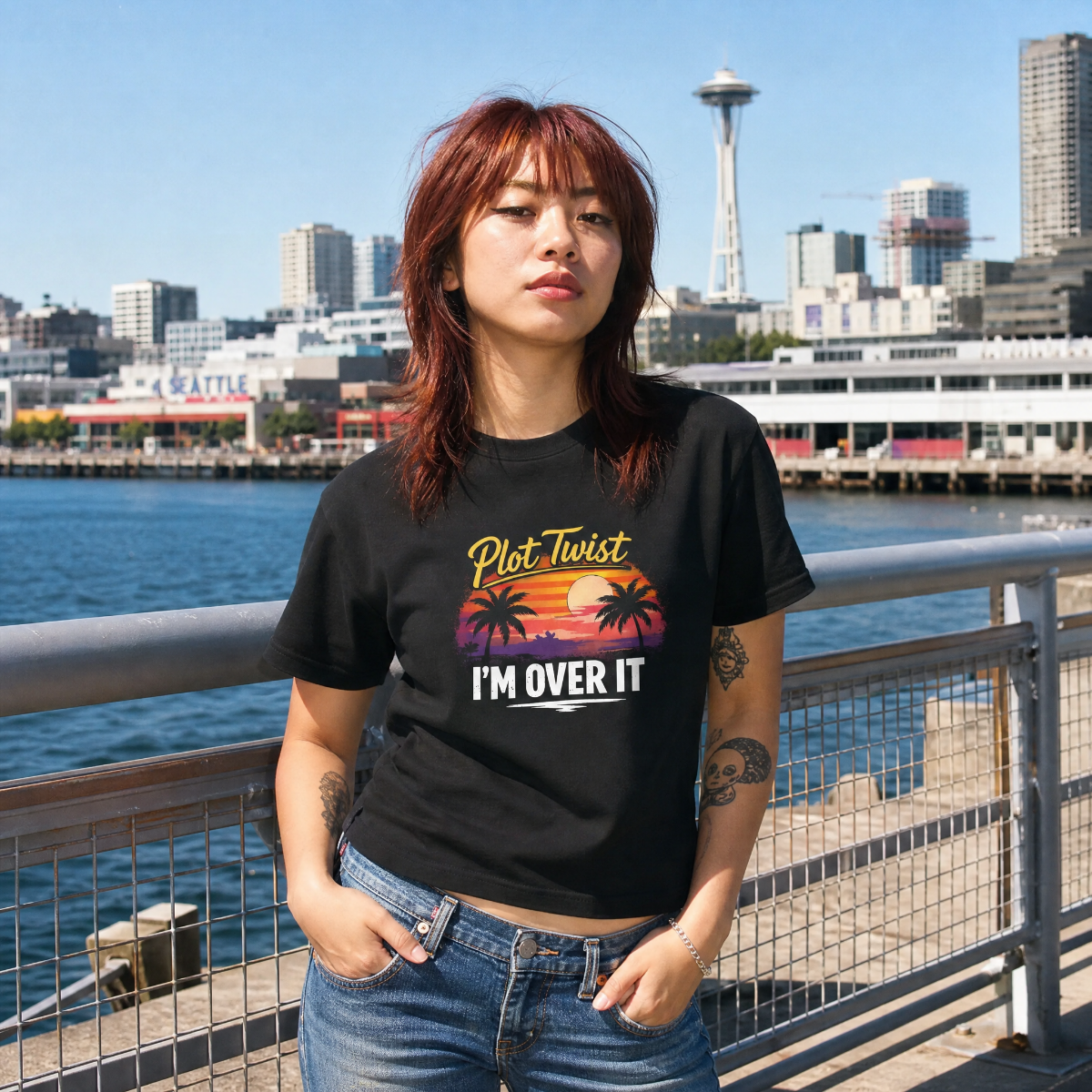 Mayhem Haus Plot Twist: I’m Over It T-Shirt in black with sunset graphic