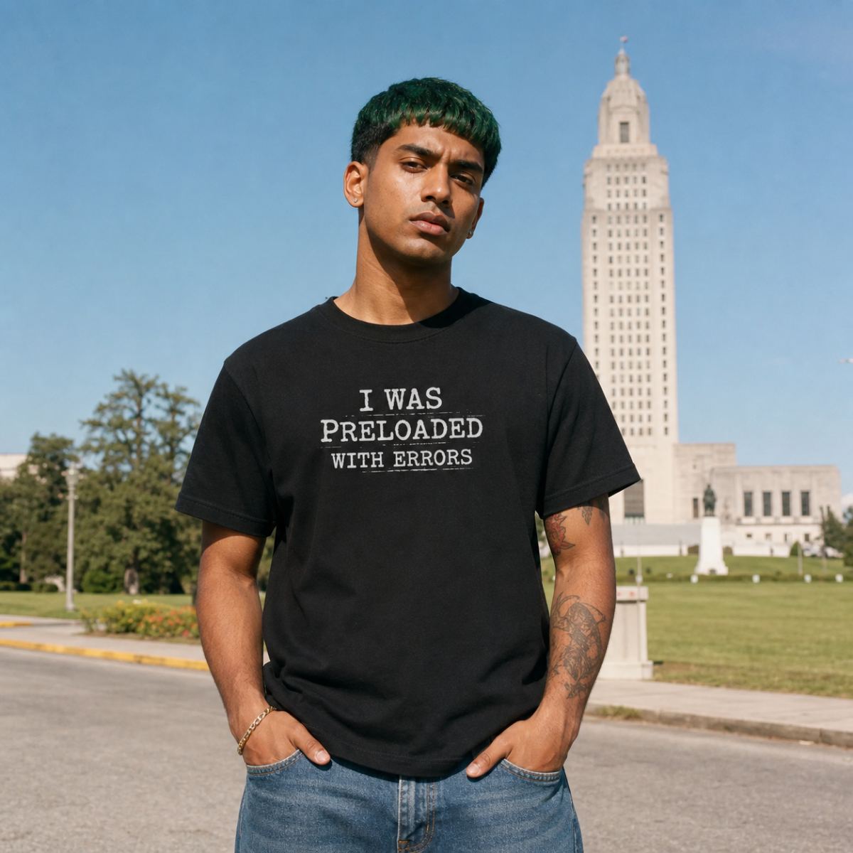 Mayhem Haus I Was Preloaded With Errors T-Shirt on a person with green hair
