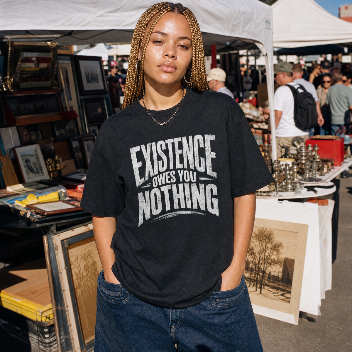 Mayhem Haus Existence Owes You Nothing T-Shirt in black with white text