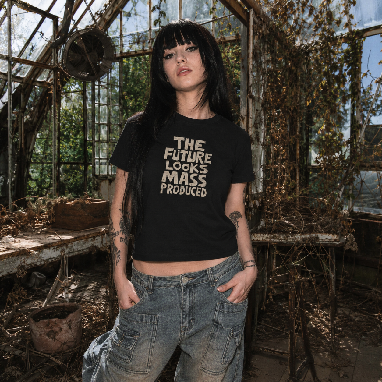 Mayhem Haus The Future Looks Mass Produced T-Shirt on a model in a dilapidated greenhouse