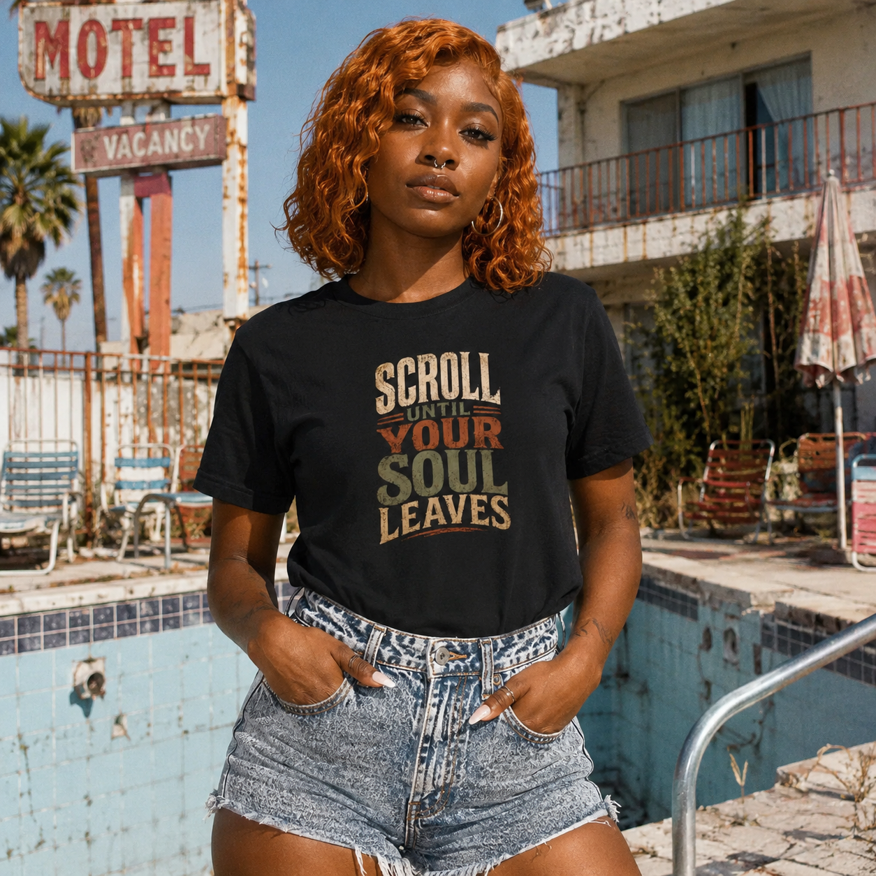Mayhem Haus Scroll Until Your Soul Leaves T-Shirt on a person in front of a motel sign