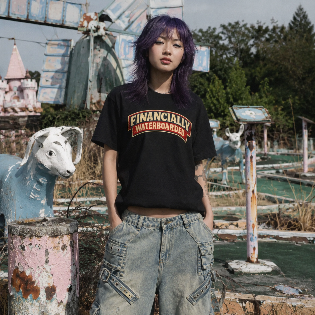 Mayhem Haus Financially Waterboarded T-Shirt on a person with purple hair