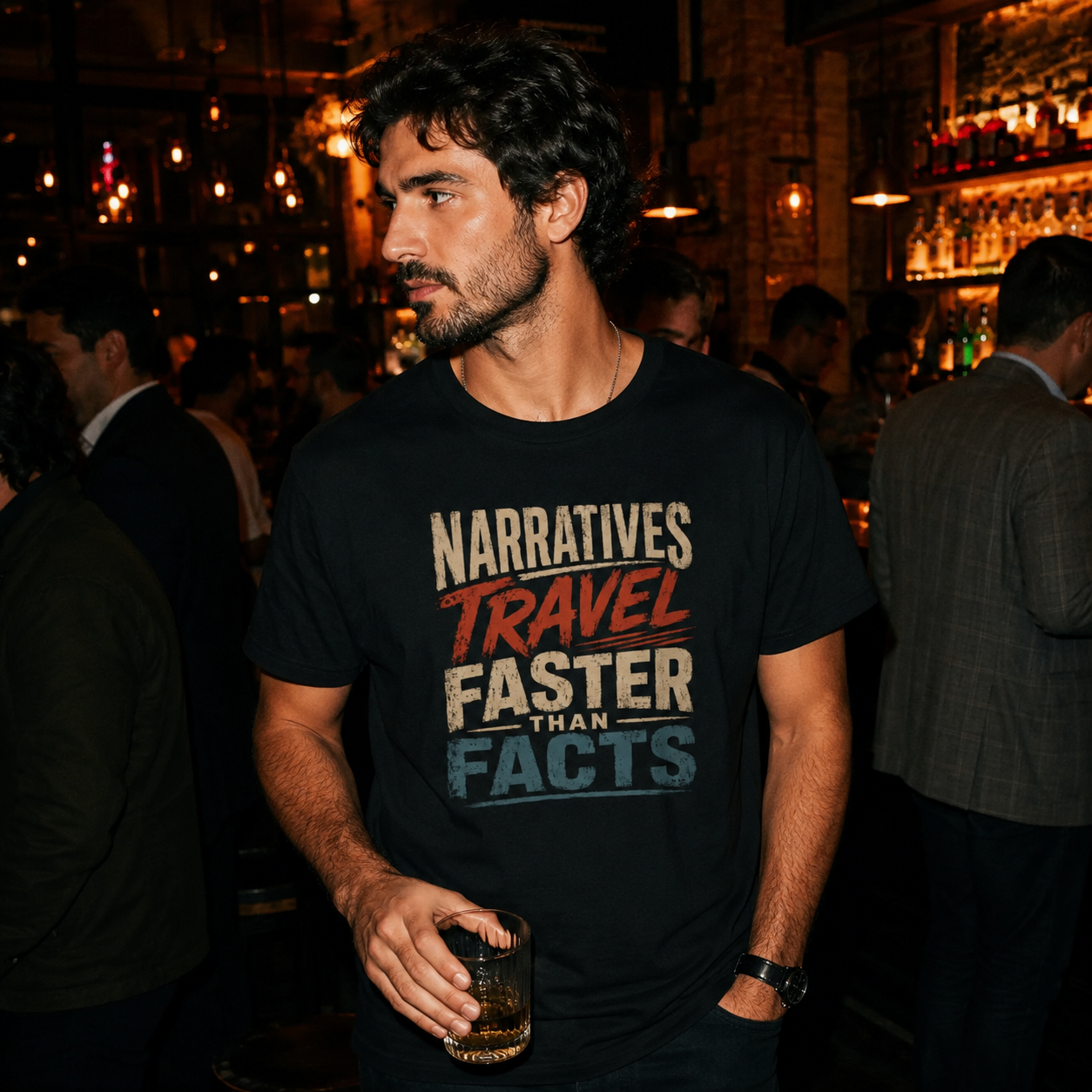 Mayhem Haus Narratives Travel Faster Than Facts T-Shirt worn by a man holding a drink