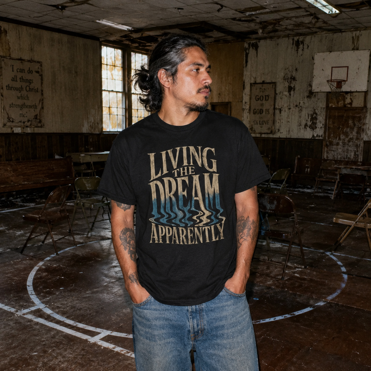 Mayhem Haus Living The Dream Apparently T-Shirt on a man in an abandoned gym