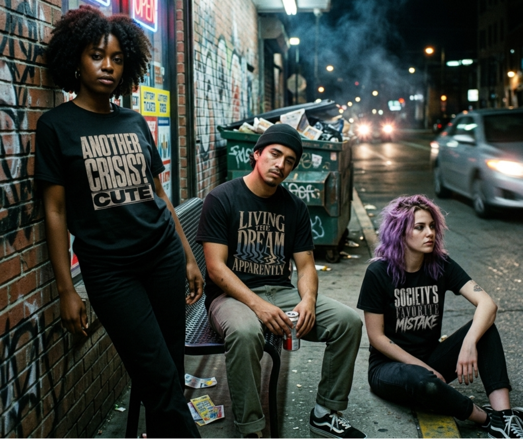 Three people wearing t-shirts with text on a street at night.