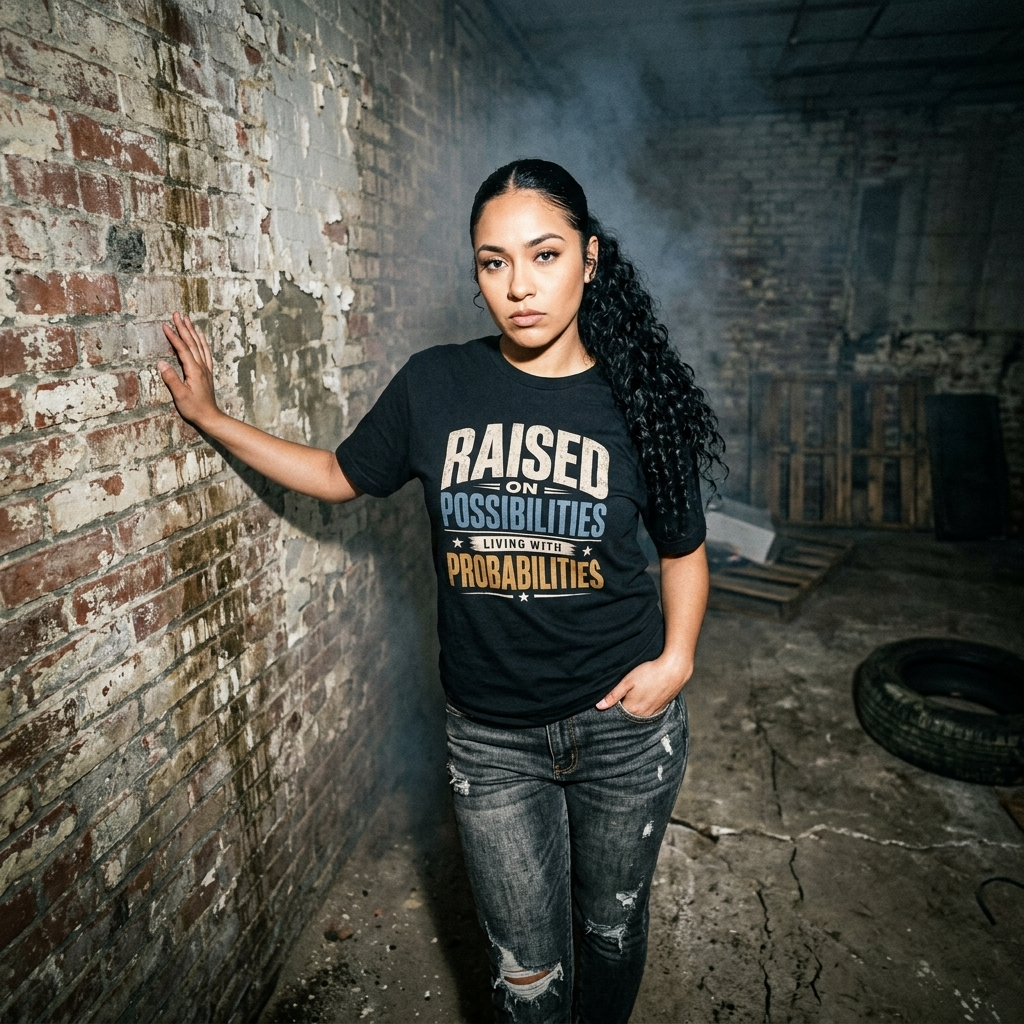 Mayhem Haus Raised On Possibilities T-Shirt on a woman with dark curly hair against a brick wall