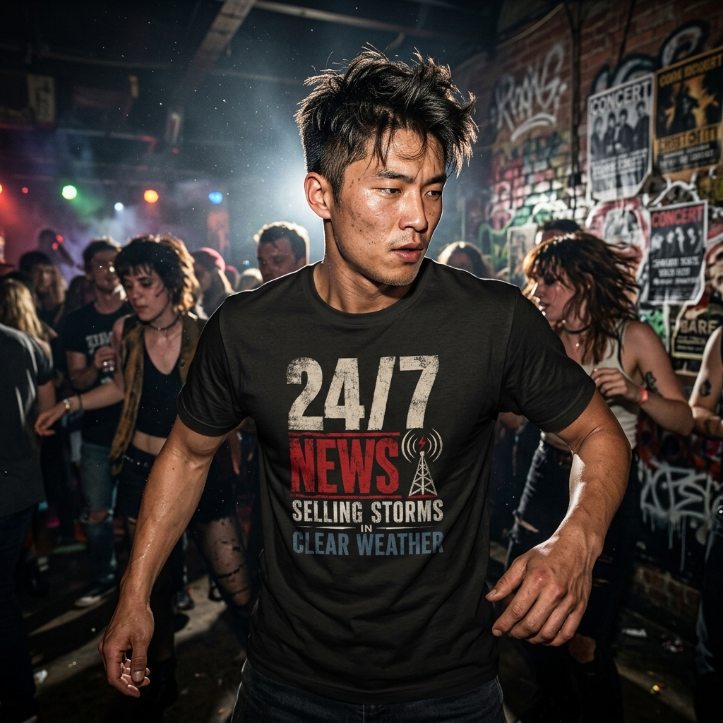 Mayhem Haus 24/7 News Selling Storms In Clear Weather T-Shirt on a man in a crowd
