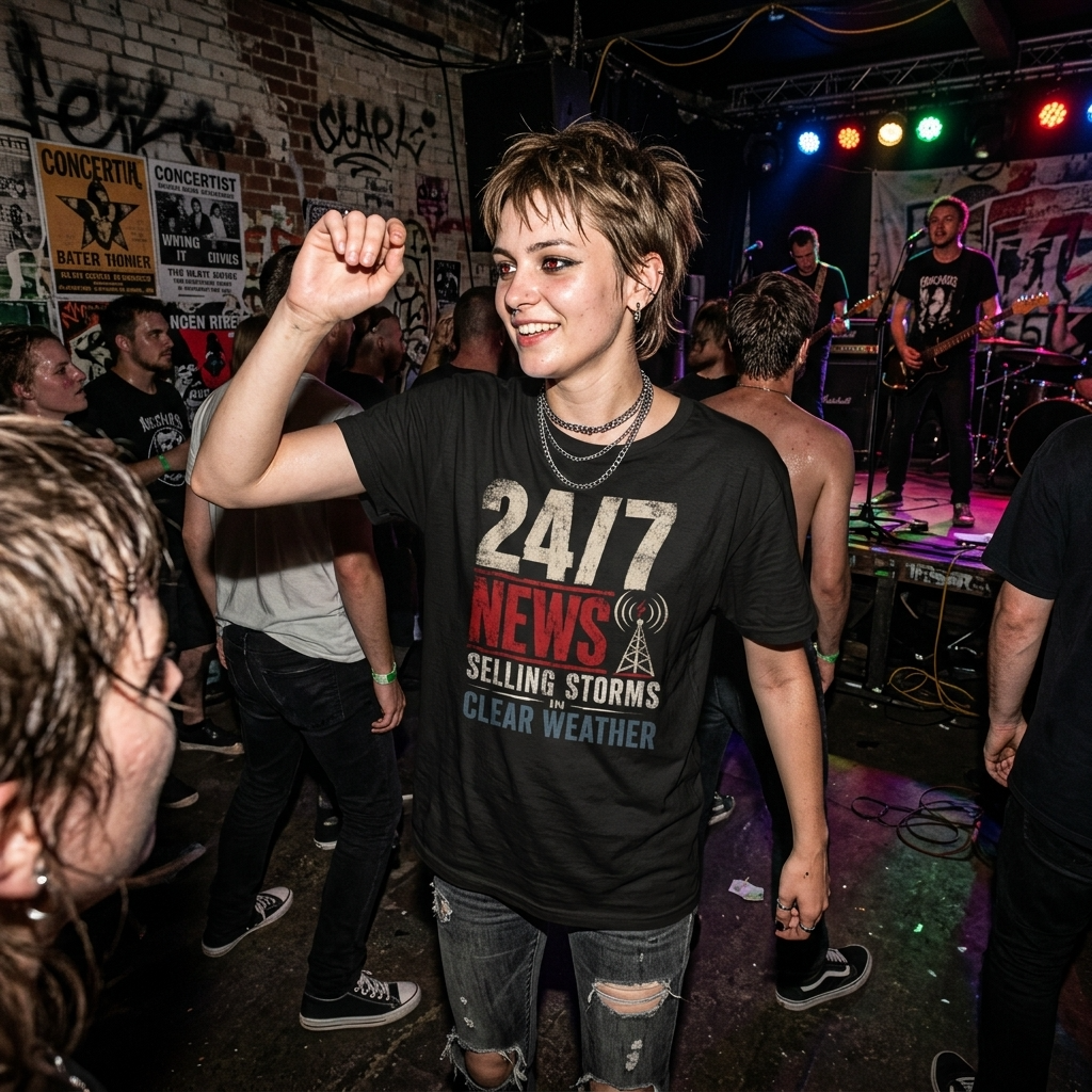 Mayhem Haus 24/7 News Selling Storms In Clear Weather T-Shirt worn by a person at a concert