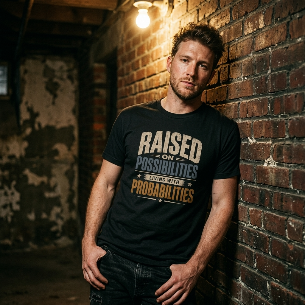 Mayhem Haus Raised On Possibilities T-Shirt on a man leaning against a brick wall