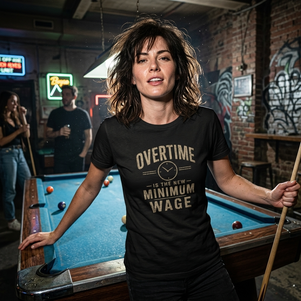 Mayhem Haus Overtime Is The New Minimum Wage T-Shirt on a person in a pool hall