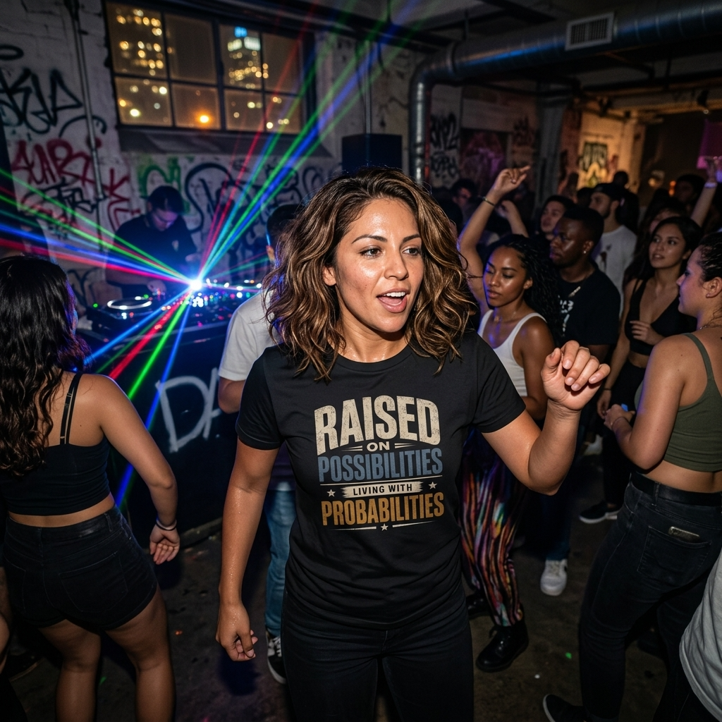 Mayhem Haus Raised On Possibilities T-Shirt worn by a woman dancing at a party with laser lights