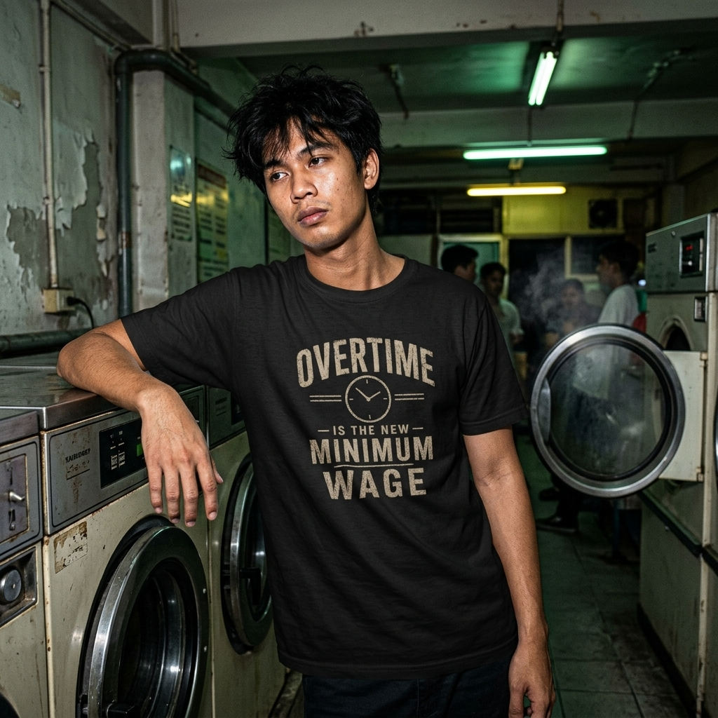 Mayhem Haus Overtime Is The New Minimum Wage T-Shirt on a man in a laundromat