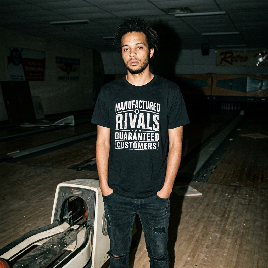 Mayhem Haus Manufactured Rivals T-Shirt worn by a man in a bowling alley