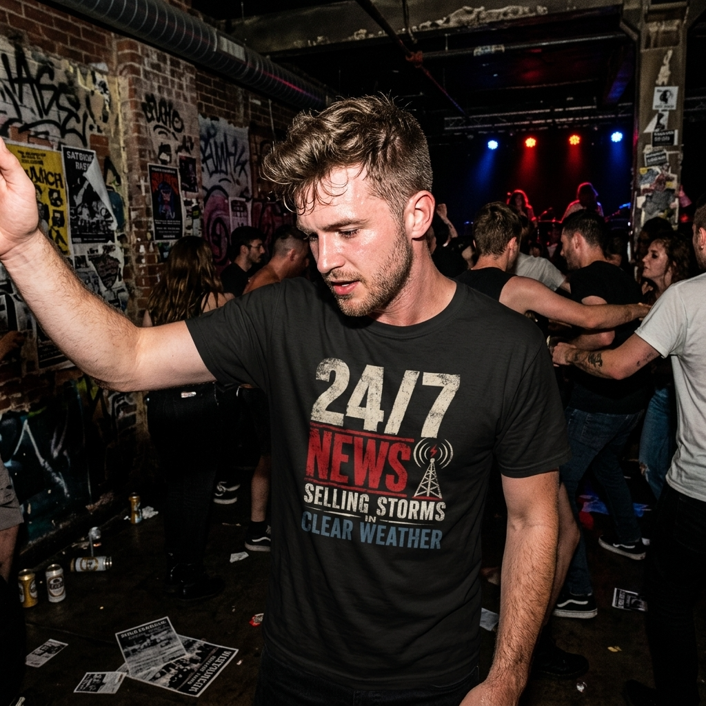 Mayhem Haus 24/7 News Selling Storms In Clear Weather T-Shirt worn by a man in a crowded venue
