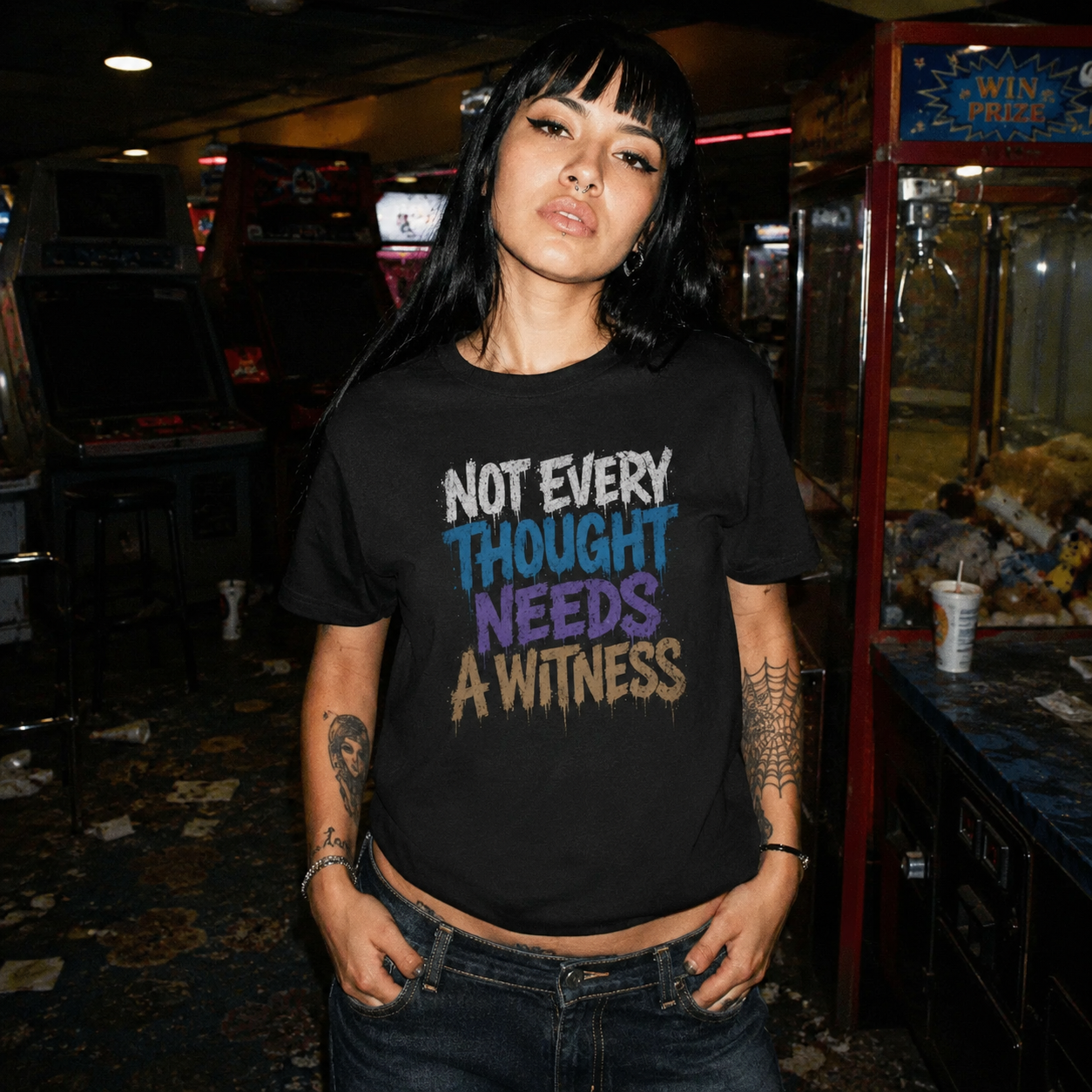 Mayhem Haus Not Every Thought Needs A Witness T-Shirt in black with white, blue, purple, and brown text