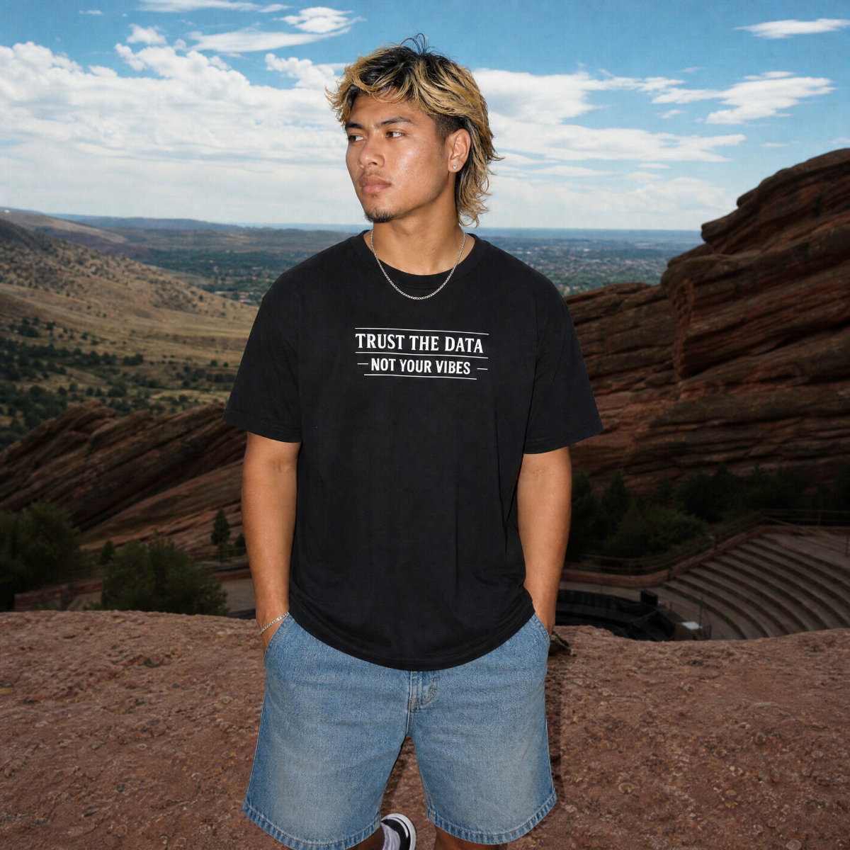 Mayhem Haus Trust the Data, Not Your Vibes T-Shirt in black on a person with a mountain landscape